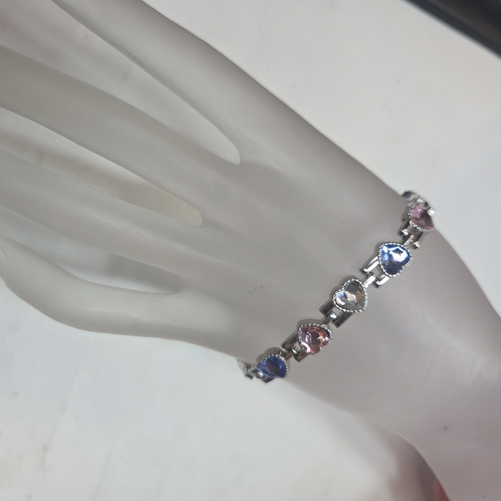 silvertone glass heart tennis bracelet 8in costume pink blue clear love promise